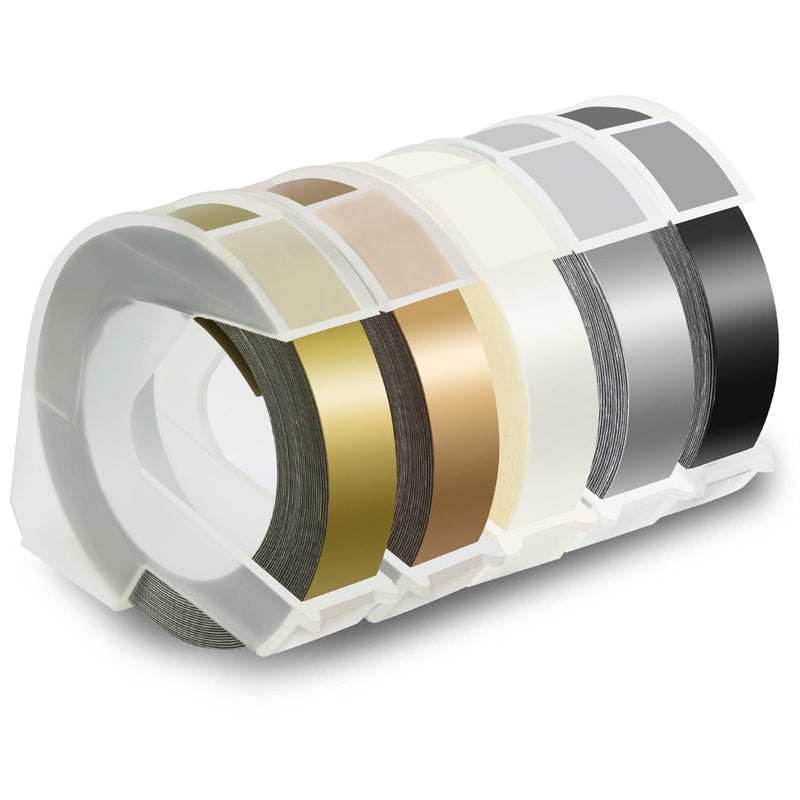 Pristar Compatible Embossing Tape Self-Adhesive Replacement for Dymo Embossing Label Maker Organizer Xpress, White on Black/Silver/Clear/Gold/Champagne Gold, 3/8 in x 9.8 ft, 5-Pack - Image 1